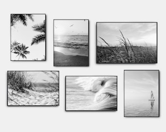 Beach Black And White Prints, Gallery Wall Art Set Of 6, Sunset Coastal Black And White Wall Art, Neutral Beach Prints