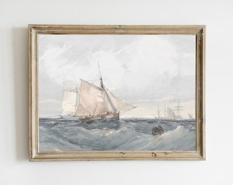Vintage Muted Watercolor Painting, Vintage Sailboat Wall Art, Antique Seascape Watercolor, Nautical Sailboat Print