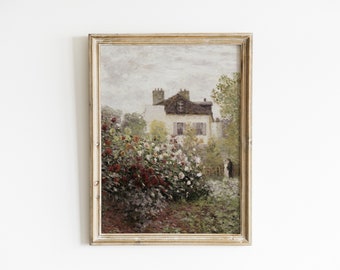 Rose Garden Vintage Painting, Cottage Oil Painting, Muted Summer Vintage Landscape Print Wall Art, Antique Digital Roses