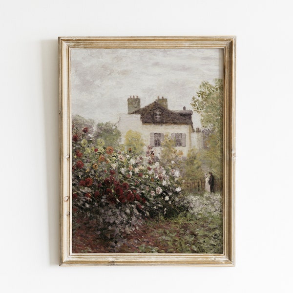 Rose Garden Vintage Painting, Cottage Oil Painting, Muted Summer Vintage Landscape Print Wall Art, Antique Digital Roses