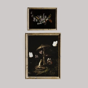 May include: Two framed illustrations, one with a bouquet of white flowers and the other with a mushroom and butterflies. Both illustrations are in a dark, vintage style.