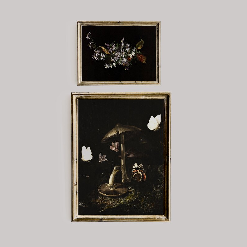 May include: Two framed illustrations, one with a bouquet of white flowers and the other with a mushroom and butterflies. Both illustrations are in a dark, vintage style.