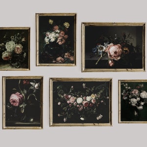 Dark Rose Still Life Painting, Moody Printable Gallery Wall Art Set Of 6, Dark Academia Decor Set, Botanical Goth Prints