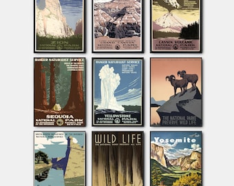 National Park Poster Printable, Gallery Wall Art Set Of 9, Travel Poster, American Print, Vintage National Park, 9 Piece