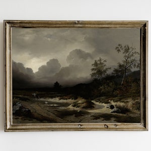 Stimmungsvolle Waldlandschaft, dunkle Vintage druckbare Wandkunst, antike Vintage Wald, dunkles Academia Decor