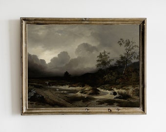 Moody Forest Landscape Painting, Dark Vintage Printable Wall Art, Antique Vintage Forest, Dark Academia Decor