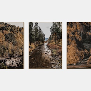 Conjunto imprimible del río paisaje de otoño, conjunto de arte de pared de la galería de otoño de 3, cartel del bosque de otoño, impresiones del río de la naturaleza de otoño