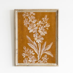 Vintage Textile Wall Art, Burnt Orange Botanical Print Digital Printable, Antique Textile Print