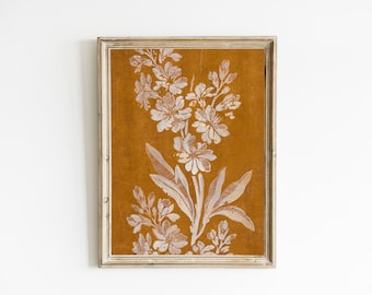 Vintage Textile Wall Art, Burnt Orange Botanical Print Digital Printable, Antique Textile Print