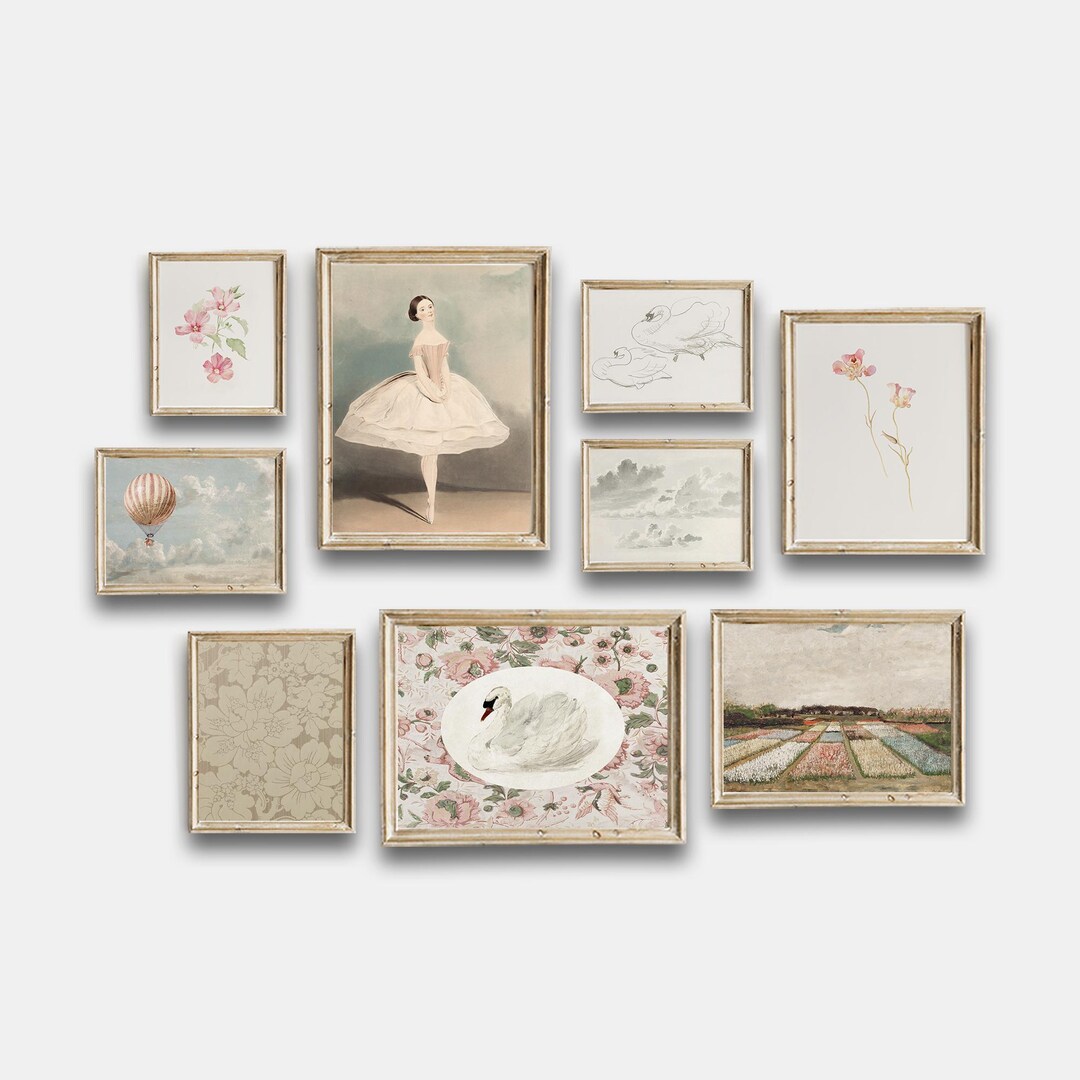 Girls Room Nursery Vintage, Gallery Wall Art Set of 9, Soft Pink Prints ...