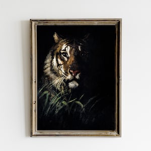 Portrait Tiger Painting, Dark Vintage Printable Wall Art, Dark Academia Decor, Tiger Art Print