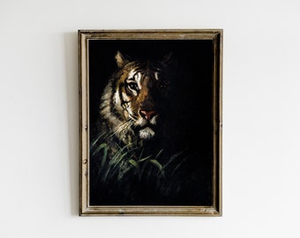 Portrait Tiger Painting, Dark Vintage Printable Wall Art, Dark Academia Decor, Tiger Art Print