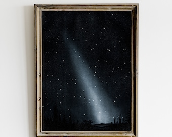Moody Landscape Painting Print, Dark Vintage Printable Wall Art, Dark Academia Decor, Night Sky Painting