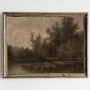 Pintura de paisagem de lago temperamental vintage, arte de parede imprimível vintage escura, decoração de academia escura, impressão de lago antigo