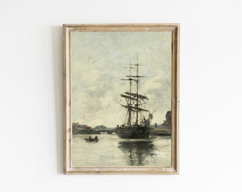 Väggkonst med vintage nautiskt fartyg, utskrivbart vintagefartyg, målning med dämpad nautisk havslandskap, antikt strandtryck