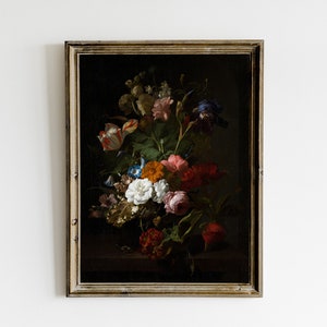 Dark Floral Still Life Oil Painting, Moody Vintage Printable Wall Art, Dark Academia Decor, Botanical Goth Print