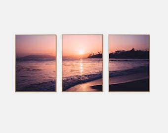 Stampa costiera al tramonto pastello, stampabile costiera moderna, set di 3 poster sull'oceano, spiaggia estiva della California, arte da parete in 3 pezzi