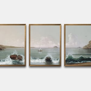 Vintage Printable Gallery Wall Art Set Of 3, Antique Nautical Sailboat Prints, Vintage Seascape Coastal Oil Painting