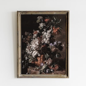 Dark Floral Still Life Oil Painting, Moody Vintage Printable Wall Art, Dark Academia Decor, Botanical Goth Print