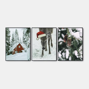 Navidad nórdica imprimible, galería de arte de pared conjunto de 3, impresiones de Navidad, cartel del bosque de invierno, impresión de renos, arte de pinos