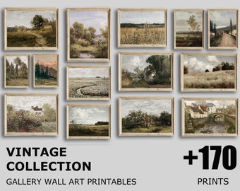 Mega bundle di pittura a olio di paesaggio di campagna stampabile vintage, arte della parete con stampa di natura di montagna antica fattoria, set di +170 download digitale