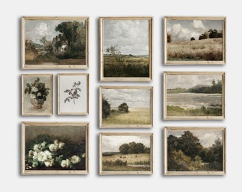 Summer Country Antique Paintings, Vintage Landscape Printable Gallery Wall Art Set Of 10, Muted Summer Prints Wall Art