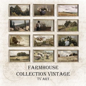 May include: A collection of 10 framed vintage paintings in a farmhouse style. The paintings depict various scenes, including landscapes, flowers, and animals. The frames are all in a similar style, with a rustic, distressed look. The text "FARMHOUSE COLLECTION VINTAGE TV ART" is printed below the frames.