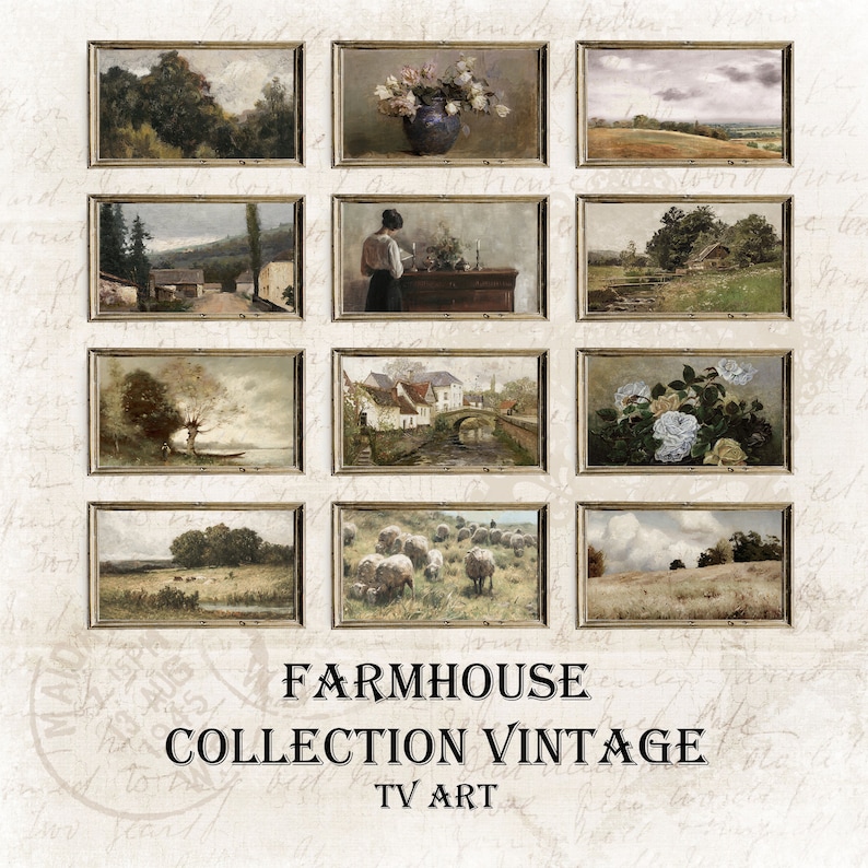 May include: A collection of 10 framed vintage paintings in a farmhouse style. The paintings depict various scenes, including landscapes, flowers, and animals. The frames are all in a similar style, with a rustic, distressed look. The text "FARMHOUSE COLLECTION VINTAGE TV ART" is printed below the frames.