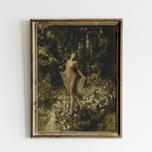 Woman & Garden Printable Wall Art, Dark Vintage Print Digital, Dark Academia Decor, Rose Garden Vintage Painting