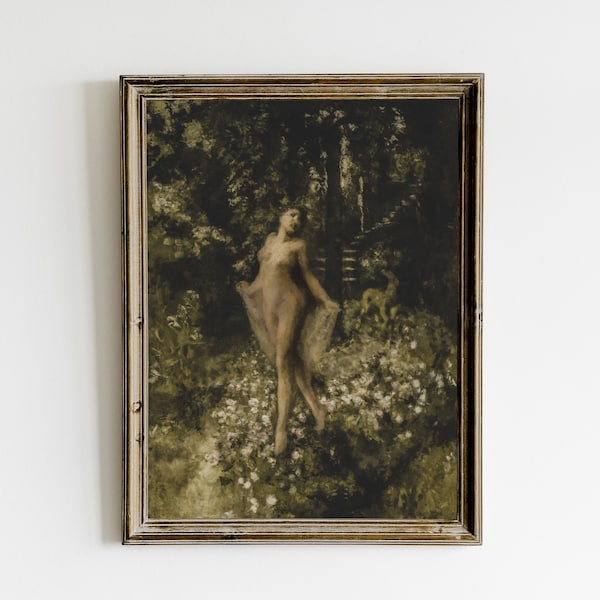 Woman & Garden Printable Wall Art, Dark Vintage Print Digital, Dark Academia Decor, Rose Garden Vintage Painting