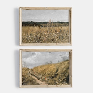 Campo de flores silvestres imprimible vintage, conjunto de arte de pared de galería imprimible vintage de 2, impresión digital de campo de flores silvestres silenciado