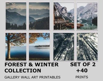 Set Of 2 Mountain Prints, Forest Bundle 2 Piece x +40, Forest Wall Art Large Prints, Winter Printable Wall Art Nature