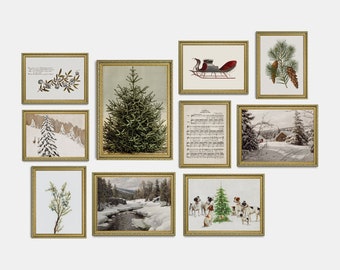 Christmas Vintage Printable, Gallery Wall Art Set Of 10, Xmas Prints, Antique Christmas Poster, Holiday Winter Painting