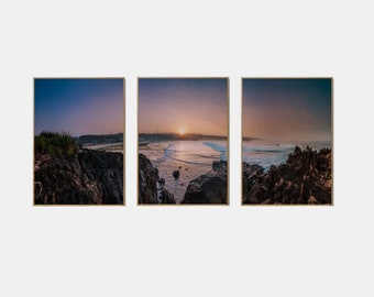 Stampa costiera al tramonto pastello, stampabile costiera moderna, set di 3 poster sull'oceano, spiaggia estiva della California, arte da parete in 3 pezzi