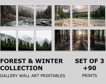 Set Of 3 Mountain Prints, Forest Bundle, 3 Piece x +90 Forest Art Print, Printable Wall Art Green 3, Digital Download Landscape, Natural Art