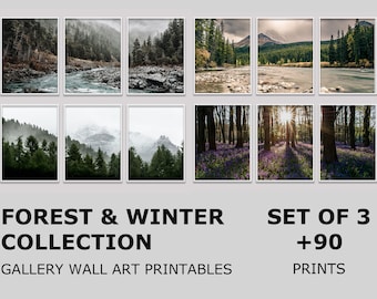 Set Of 3 Mountain Prints, Forest Bundle, 3 Piece x +90 Forest Art Print, Printable Wall Art Green 3, Digital Download Landscape, Natural Art