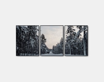 Winter Gallery Wall Art Set Of 3, Modern Winter Forest Poster, Pine Trees Prints, Snow Gallery Landscape Printable Set