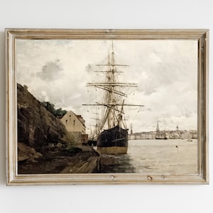 Vintage Nautical Ship Wall Art, Vintage Ship Ocean Printable, Muted Nautical Seascape Painting, Antique Beach Print