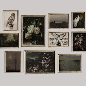 Dunkle Rose Stillleben Malerei, Moody druckbare Galerie Wand Kunst 10er Set, dunkle Academia Dekor Set, Eule, Motte, Frau