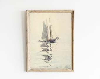 Vintage Sailboat Wall Art, Nautical Sailboat Print, Muted Nautical Seascape Painting, Antique Vintage Beach Printable