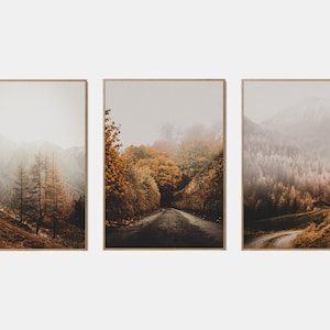 Conjunto imprimible de paisaje de otoño, conjunto de arte de pared de la galería de otoño de 3, cartel de camino en otoño, impresiones digitales de la naturaleza de otoño