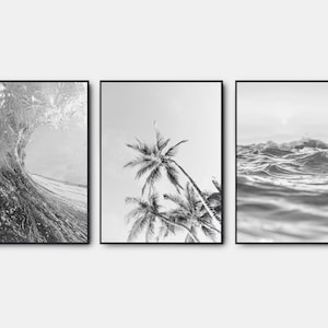 Impresión de palmeras, impresión de playa en blanco y negro, conjunto de arte de pared de galería de 3, arte de pared en blanco y negro, póster del océano tropical