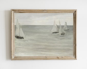 Vintage Sailboat Wall Art, Nautical Sailboat Print, Muted Nautical Seascape Painting, Antique Vintage Beach Printable