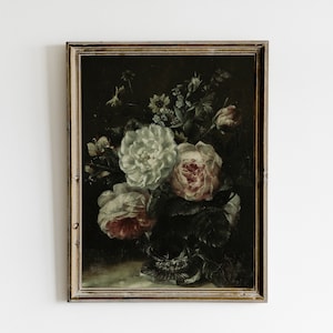 Dark Floral Still Life Oil Painting, Moody Vintage Printable Wall Art, Dark Academia Decor, Botanical Goth Print