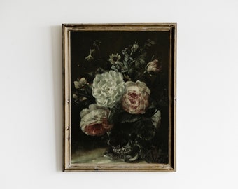 May include: A framed oil painting of a still life featuring a bouquet of pink and white roses in a silver vase. The flowers are arranged in a dark green vase with a silver base. The painting is set against a dark background.