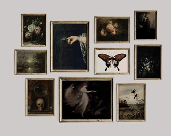 Dark Academia Decor Set, Dark Vintage Printable Gallery Wall Art Set Of 10, Moody Victorian Painting, Woman, Moth, Skull