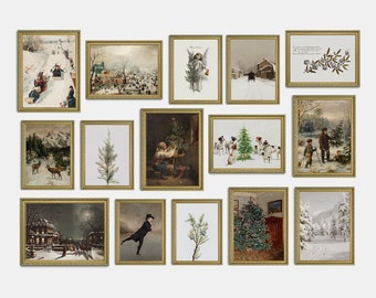 Christmas Vintage Printable, Gallery Wall Art Set Of 15, Xmas Prints, Antique Christmas Poster, Holiday Winter Painting