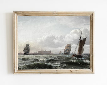 Väggkonst med vintage nautiskt fartyg, utskrivbart vintagefartyg, målning med dämpad nautisk havslandskap, antikt strandtryck