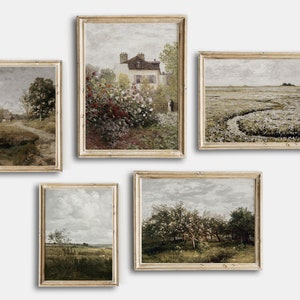 Campo de flores silvestres imprimible vintage, conjunto de arte de pared de galería imprimible vintage de 5, pintura antigua de jardín de rosas