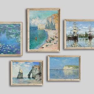 Claude Monet, pintura al óleo costera de paisaje marino vintage, conjunto de arte de pared de galería imprimible vintage de 5, playa de carteles de Monet